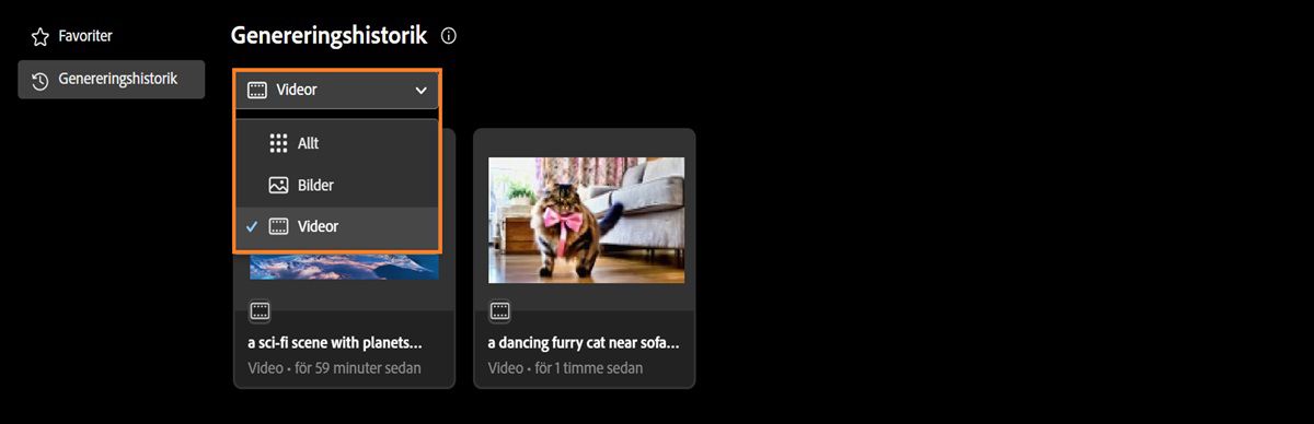 På fliken Genereringshistorik ger listrutan alternativ för att visa genererade bilder, videor eller allting.