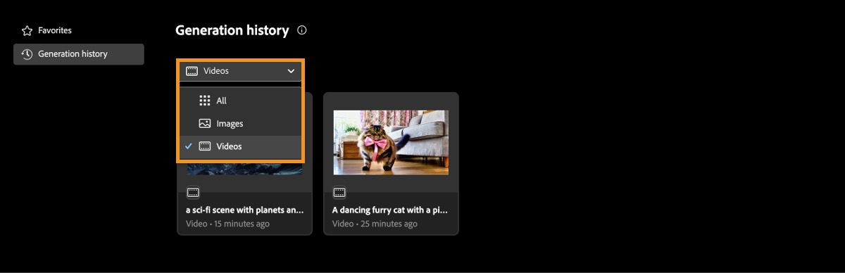 In the Generation history tab, the dropdown menu offers options to display generated images, videos, or all.
