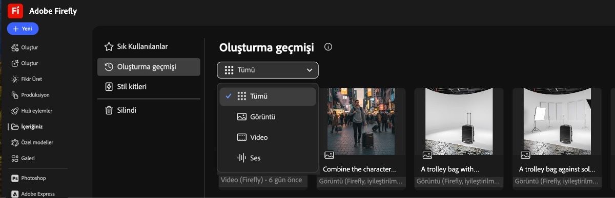 Oluşturma geçmişi sekmesinde, açılır menü oluşturulan görüntüleri, videoları veya tümünü görüntüleme seçeneklerini sunar.