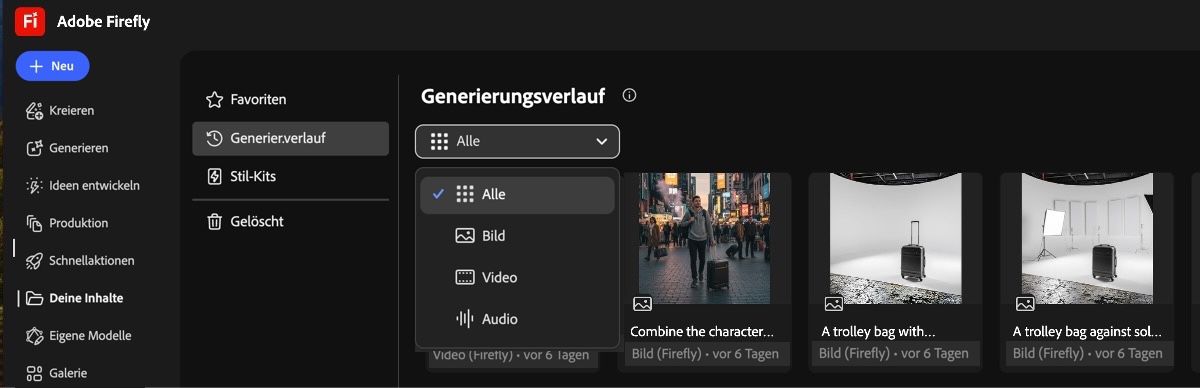 Auf der Registerkarte „Generierungsverlauf“ bietet das Dropdown-Menü Optionen zur Anzeige der generierten Bilder, Videos oder aller Inhalte.