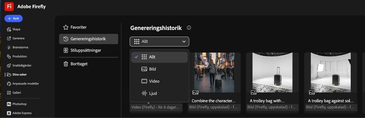 På fliken Genereringshistorik ger listrutan alternativ för att visa genererade bilder, videor eller allting.