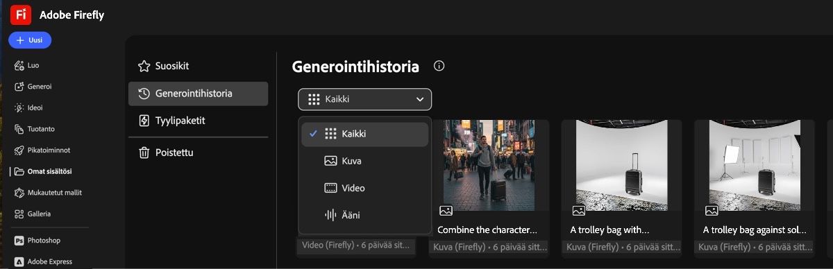 Generointihistoria-välilehden avattavassa valikossa on vaihtoehdot, joilla voit näyttää joko generoidut kuvat, videot tai molemmat.