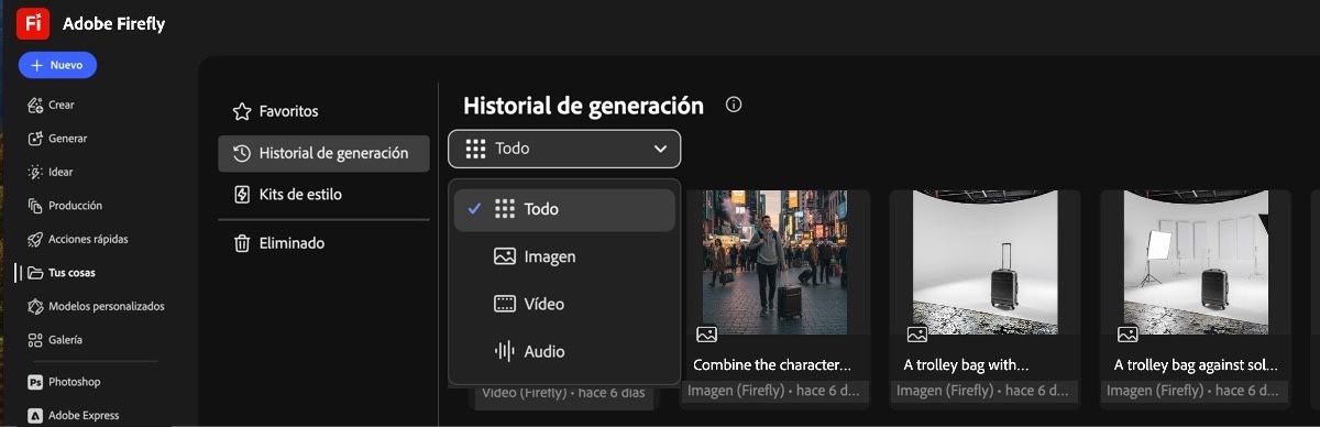 En la pestaña Historial de generaciones, el menú desplegable ofrece opciones para mostrar las imágenes generadas, los vídeos generados, o todo.
