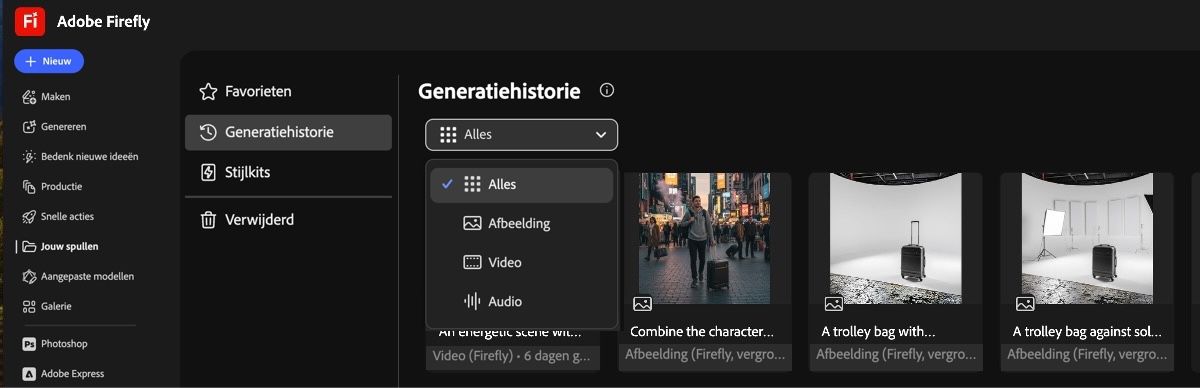 Op het tabblad Generatiehistorie vind je in het vervolgkeuzemenu opties voor het weergeven van gegenereerde afbeeldingen, video's of beide.