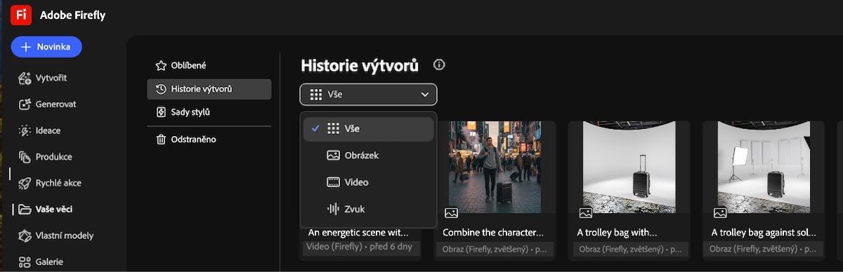 Na kartě Historie výtvorů nabízí rozbalovací nabídka možnosti zobrazení vygenerovaných obrázků, videí nebo veškerého obsahu.