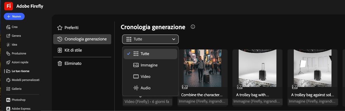Nella scheda Cronologia generazione, il menu a discesa offre le opzioni per visualizzare immagini, video o tutto.