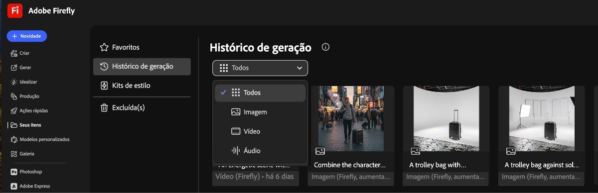 Na guia Histórico de geração, o menu suspenso oferece opções para exibir imagens geradas, vídeos ou todos os conteúdos.