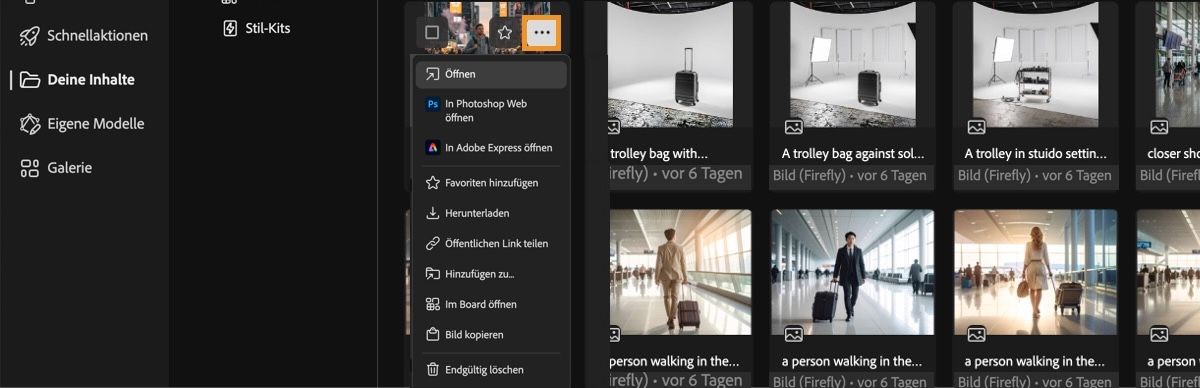 Das generierte Video ist ausgewählt und das Menü ist geöffnet. Das Menü enthält Optionen zum Öffnen, Öffnen in der Web-Version von Photoshop oder Adobe Express, zum Favorisieren, zum Herunterladen oder zum dauerhaften Löschen.