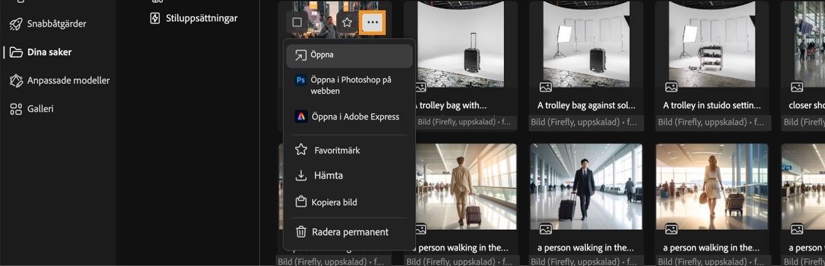 Den genererade videon har valts och menyn öppnats. På menyn finns alternativ för att öppna den, öppna den i Photoshop på webben eller Adobe Express, spara den som favorit, hämta den eller ta bort den permanent.