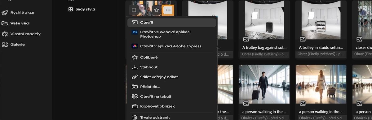 Je vybráno vygenerované video a je otevřená nabídka. V nabídce jsou možnosti, kterými lze video otevřít, otevřít v aplikaci Photoshop na webu nebo Adobe Express, přidat do oblíbených, stáhnout nebo trvale odstranit.