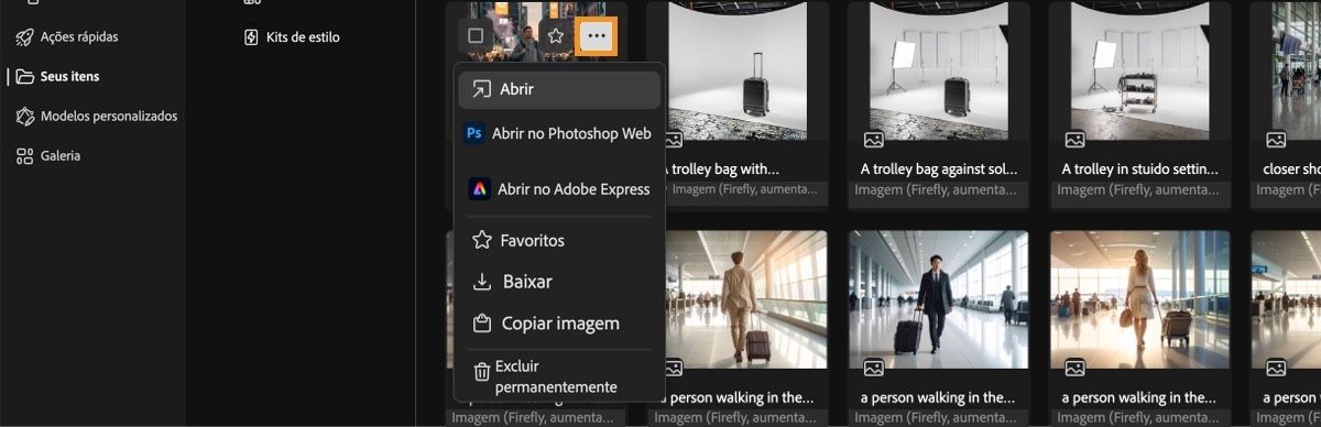 O vídeo gerado está selecionado e o menu está aberto. O menu oferece opções para abri-lo, abri-lo no Photoshop Web, Adobe Express, favoritos, baixá-lo ou excluí-lo permanentemente.