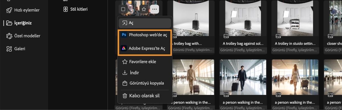 Oluşturulan video seçilir ve menü açılır. Menüde açma, Photoshop Web'de açma, Adobe Express'te açma, sık kullanılanlara ekleme, indirme veya kalıcı olarak silme seçenekleri bulunur.