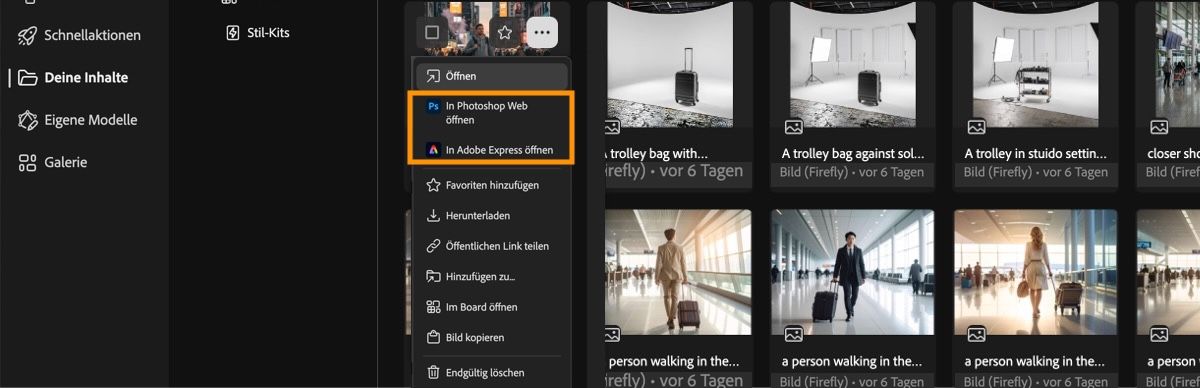 Das generierte Video ist ausgewählt und das Menü ist geöffnet. Das Menü enthält Optionen zum Öffnen, Öffnen in der Web-Version von Photoshop oder Adobe Express, zum Favorisieren, zum Herunterladen oder zum dauerhaften Löschen.