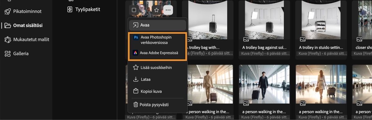 Generoitu video on valittuna, ja valikko on avattu näkyviin. Valikon valinnoilla voit avata tiedoston, avata tiedoston Photoshopin verkkoversiossa tai Adobe Expressissä, merkitä tiedoston suosikiksi, ladata tiedoston tai poistaa tiedoston pysyvästi.