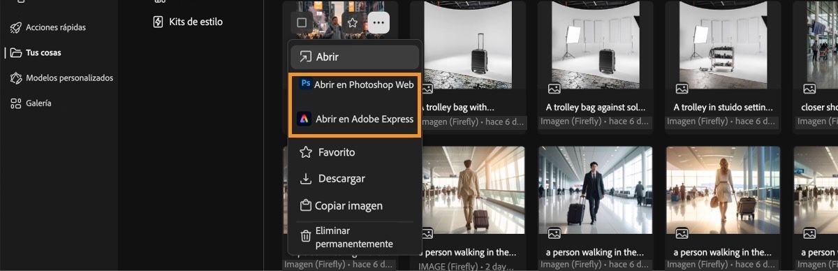 Se selecciona el vídeo generado y se abre el menú. El menú ofrece opciones para abrirlo, abrirlo en Photoshop Web, Adobe Express, marcarlo como favorito, descargarlo o eliminarlo de forma permanente.