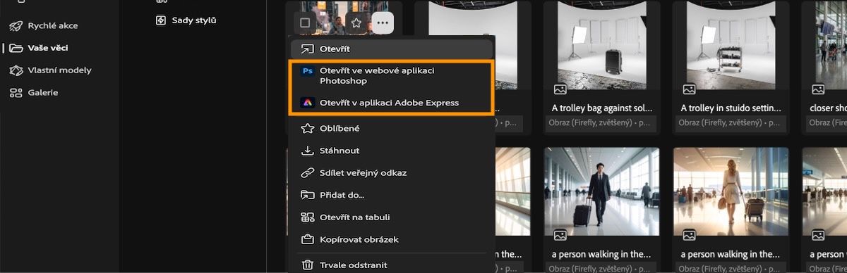 Je vybráno vygenerované video a je otevřená nabídka. V nabídce jsou možnosti, kterými lze video otevřít, otevřít v aplikaci Photoshop na webu nebo Adobe Express, přidat do oblíbených, stáhnout nebo trvale odstranit.