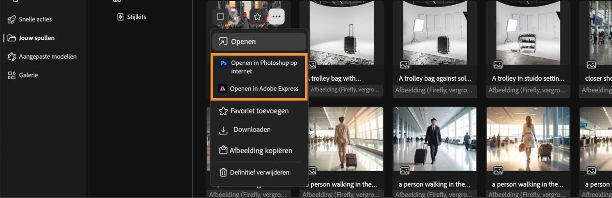 De gegenereerde video is geselecteerd en het menu staat open. Het menu biedt opties om de video te openen, te openen in Photoshop op internet of Adobe Express, als favoriet te markeren, te downloaden of permanent te verwijderen.