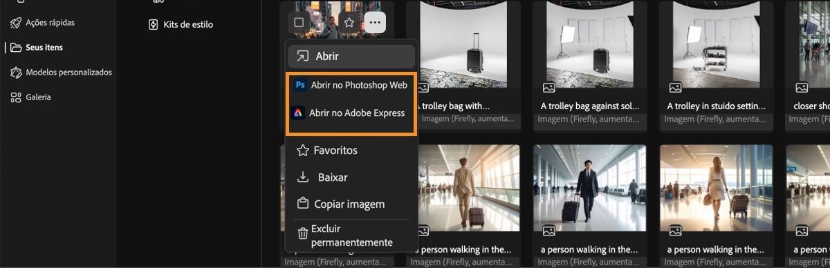 O vídeo gerado está selecionado e o menu está aberto. O menu oferece opções para abri-lo, abri-lo no Photoshop Web, Adobe Express, favoritos, baixá-lo ou excluí-lo permanentemente.