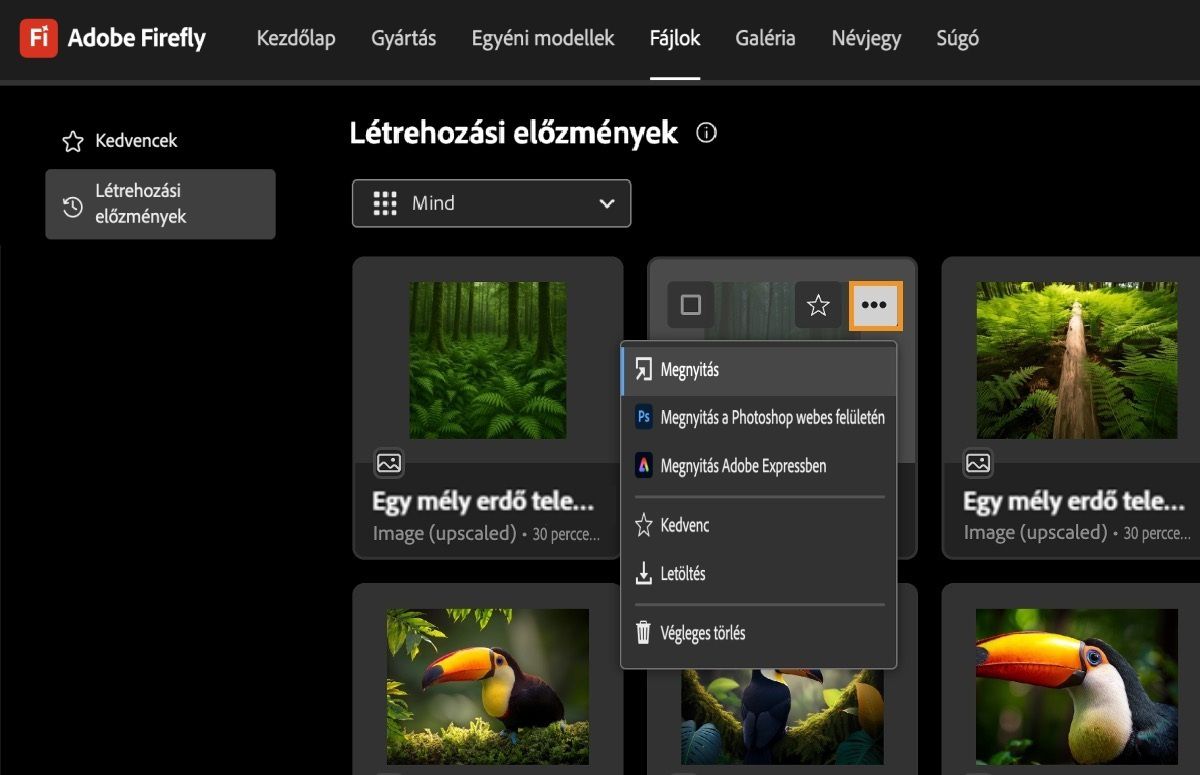 A létrehozott videó ki van választva, és a menü nyitva van. A menüben lehetőség van a megnyitásra, a webes Photoshop vagy az Adobe Express alkalmazásban való megnyitásra, a kedvencnek jelölésre, a letöltésre vagy végleges törlésre.