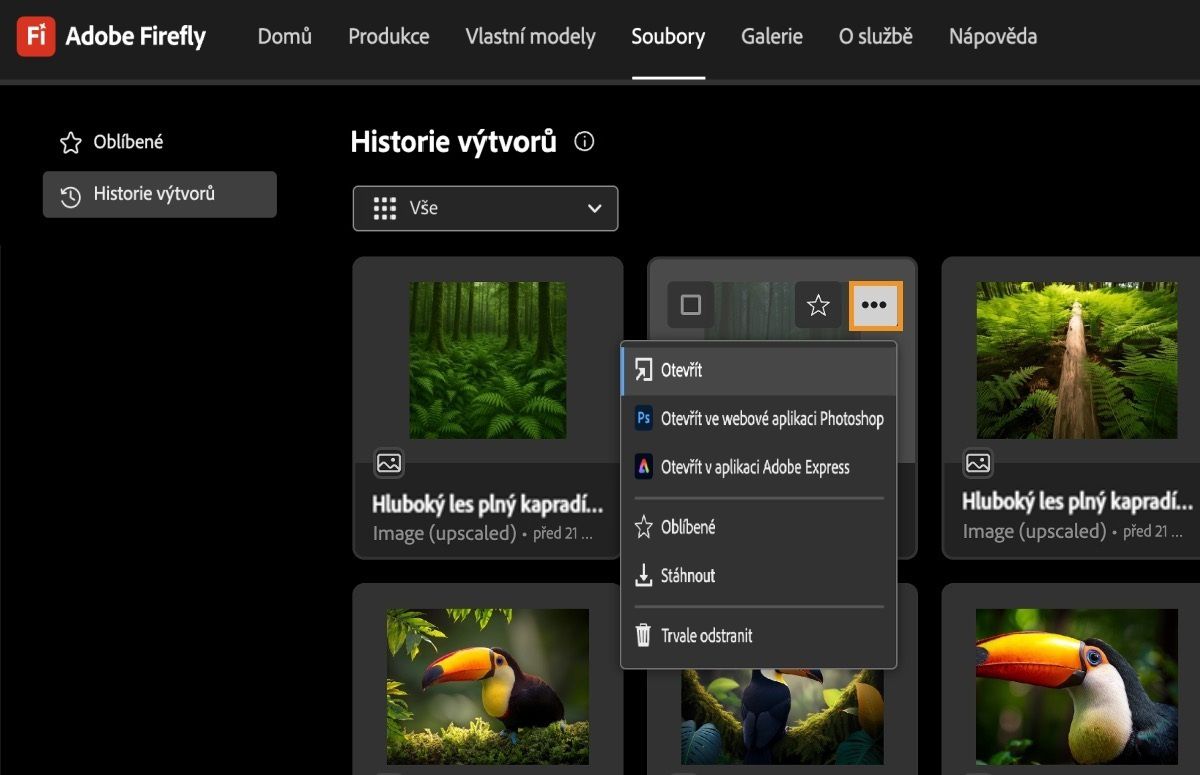 Je vybráno vygenerované video a je otevřená nabídka. V nabídce jsou možnosti, kterými lze video otevřít, otevřít v aplikaci Photoshop na webu nebo Adobe Express, přidat do oblíbených, stáhnout nebo trvale odstranit.