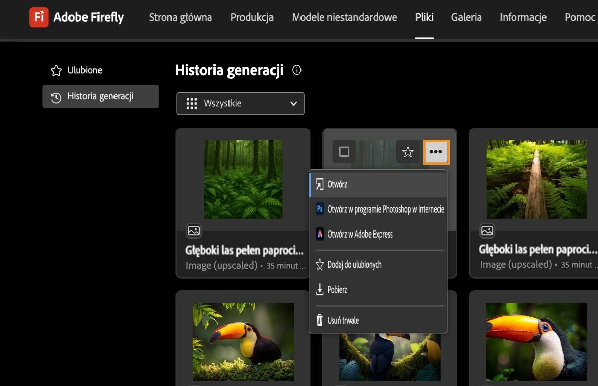 Wygenerowane wideo zostanie wybrane, a menu zostanie otwarte. Menu zawiera opcje otwarcia obrazu, otwarcia go w programie Photoshop w Internecie lub Adobe Express, dodania go do ulubionych, pobrania go, lub trwałego usunięcia.