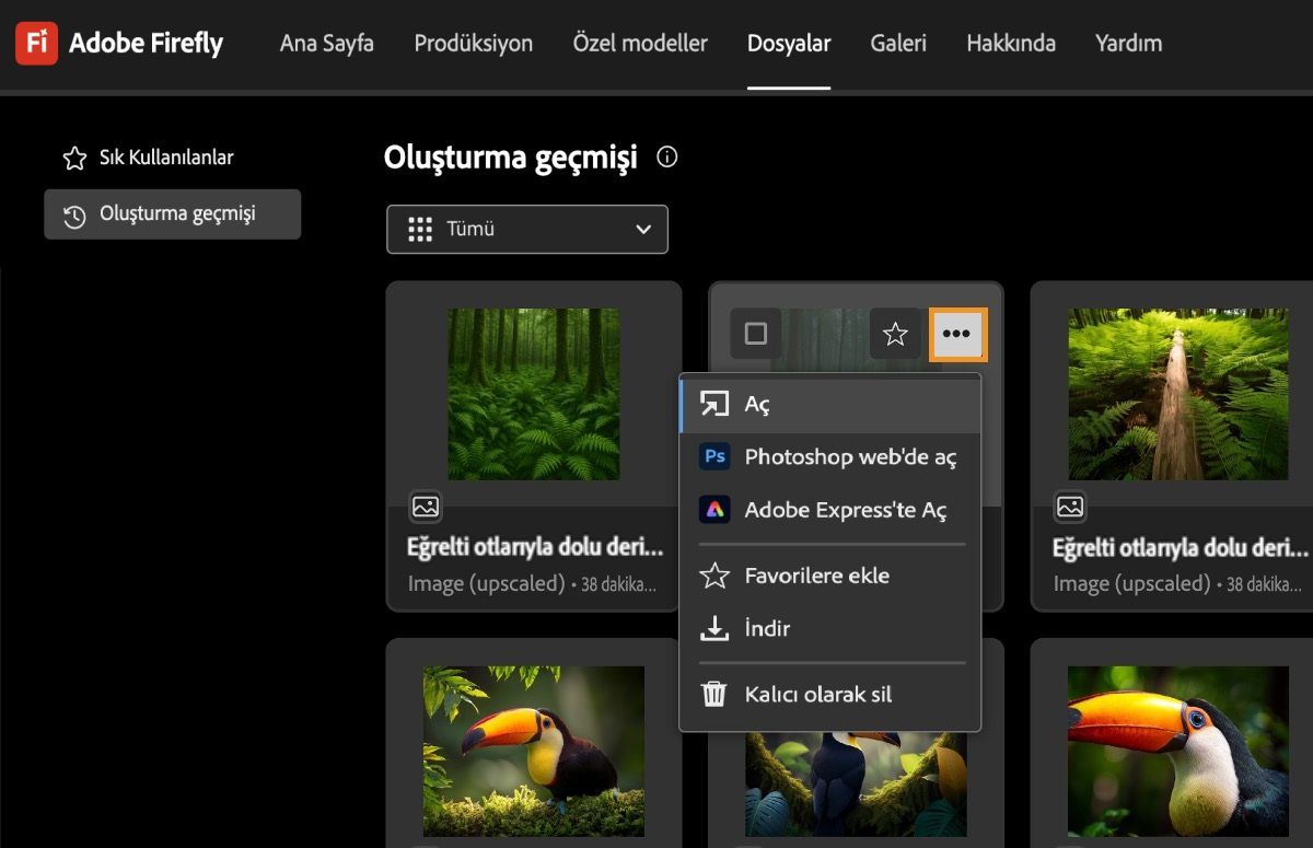 Oluşturulan video seçilir ve menü açılır. Menüde açma, Photoshop Web'de açma, Adobe Express'te açma, sık kullanılanlara ekleme, indirme veya kalıcı olarak silme seçenekleri bulunur.