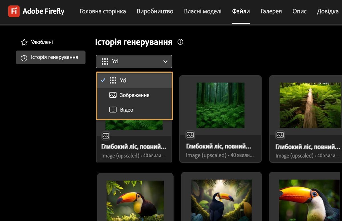 У розкривному меню на вкладці «Історія створення» містяться варіанти відображення згенерованих зображень, відео або і того, й іншого.