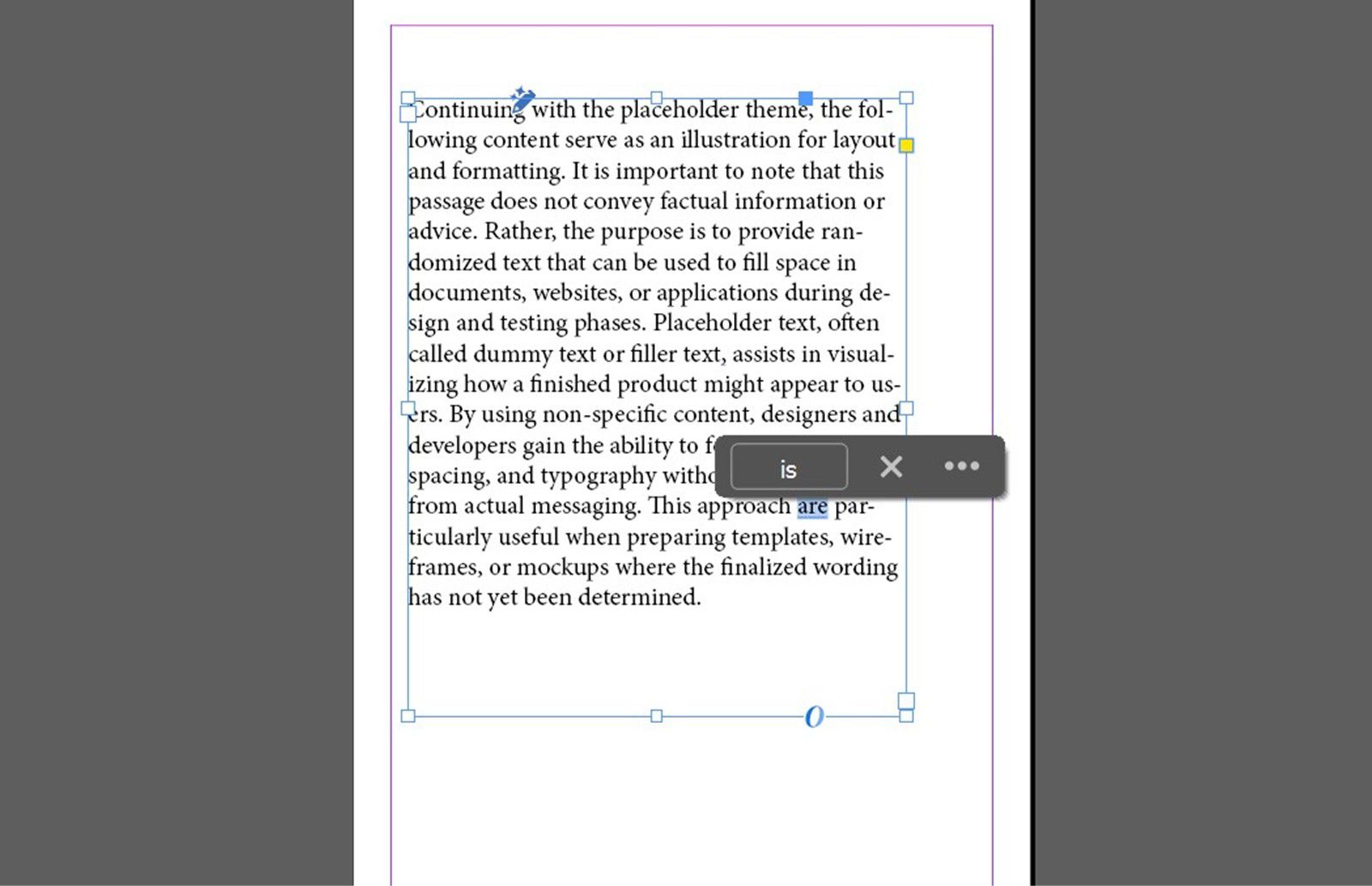 Text frame with blue-underlined grammar suggestions and a suggestion card open for the selected word theme.