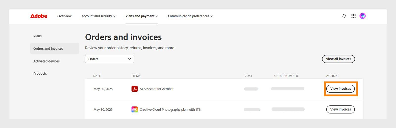 In the Orders and invoices section, select View invoices