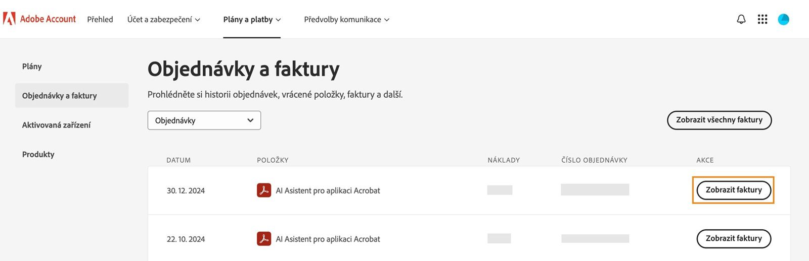 Okno Objednávky a faktury, kde jsou uvedeny všechny objednávky spolu se zvýrazněným tlačítkem Zobrazit faktury.