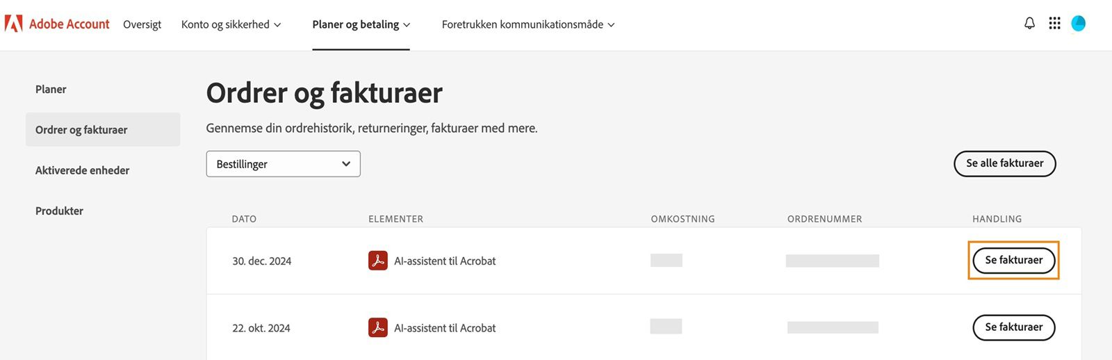 Vinduet Ordrer og fakturaer, hvor alle ordrer er anført sammen med den fremhævede knap Vis fakturaer.