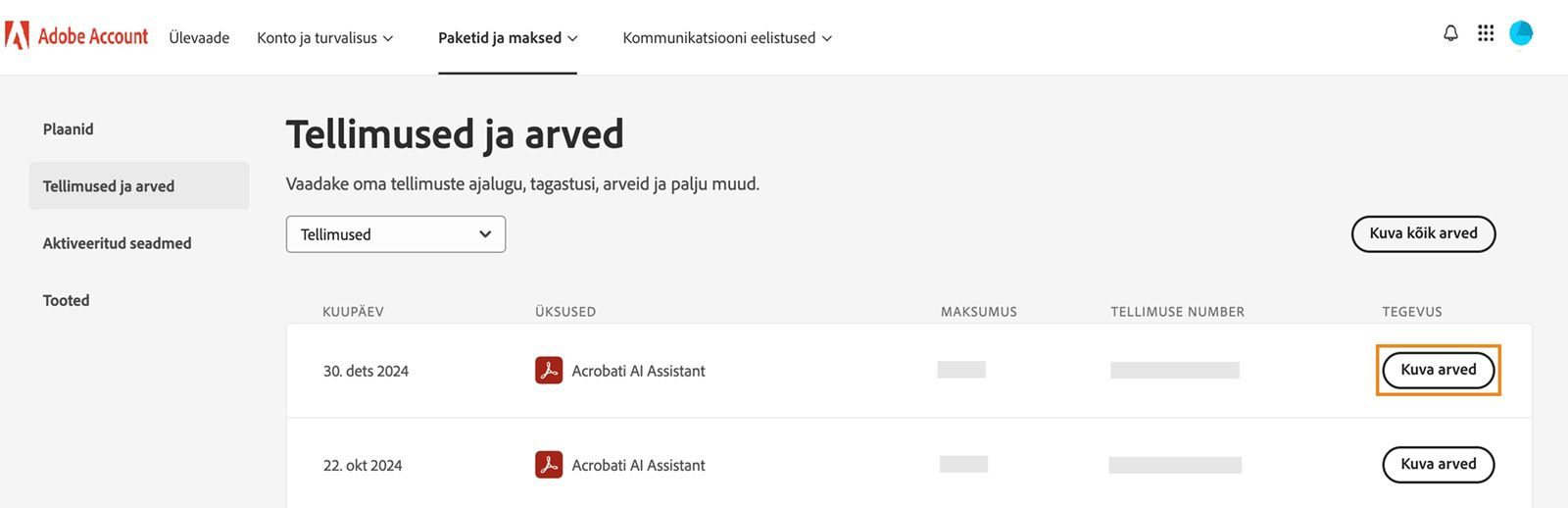 Tellimuste ja arvete aken, kus on loetletud kõik tellimused koos esiletõstetud nupuga Vaata arveid.