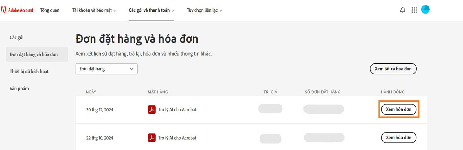 Cửa sổ Đơn hàng và hóa đơn, nơi tất cả đơn hàng được liệt kê cùng với nút Xem hóa đơn được làm nổi bật.