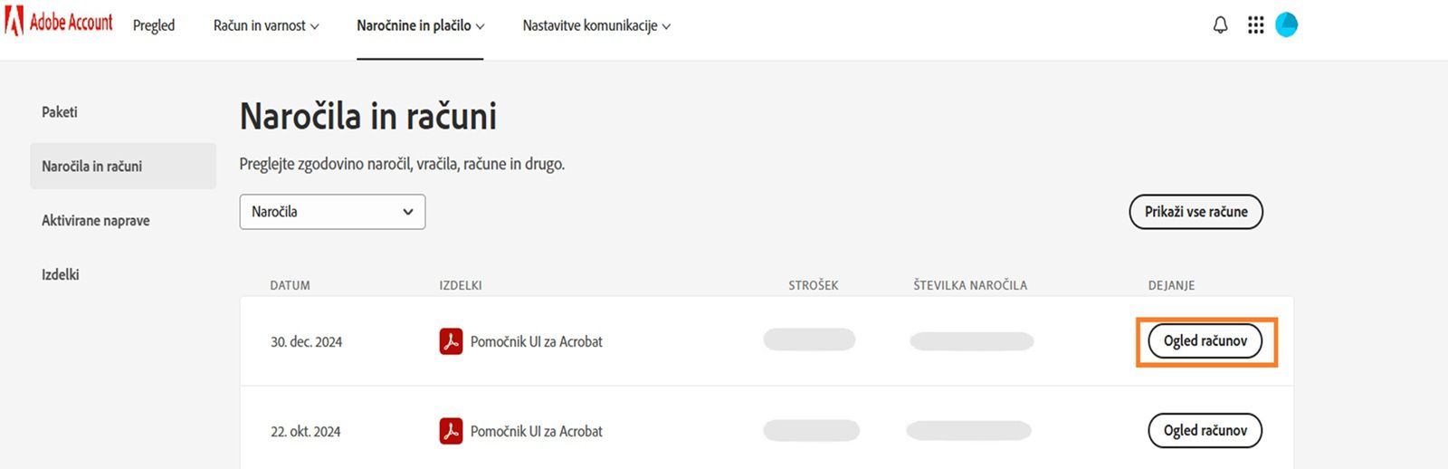Okno Naročila in računi, kjer so navedena vsa naročila skupaj z označenim gumb Prikaži račune.