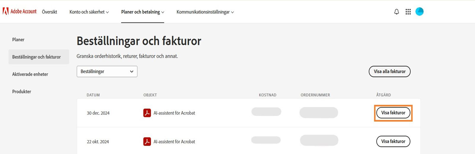 Fönstret Beställningar och fakturor, där alla beställningar listas tillsammans med den markerade knappen Visa fakturor.