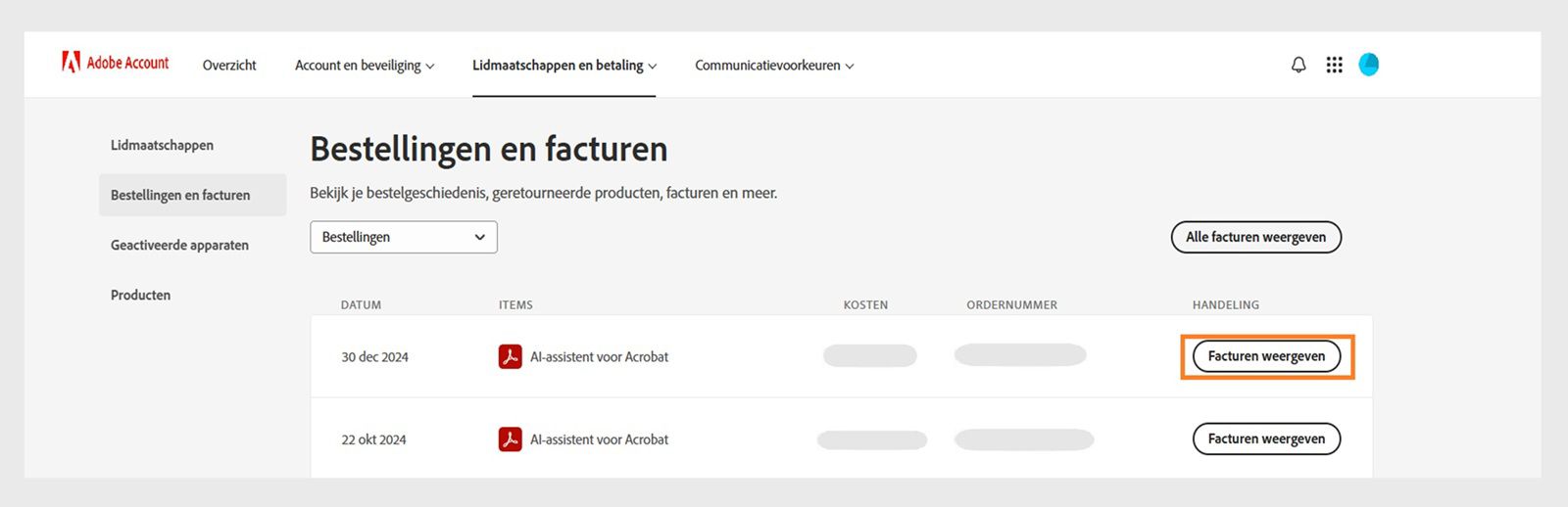 Het venster Bestellingen en facturen, waar alle bestellingen worden weergegeven naast de gemarkeerde button Facturen bekijken.