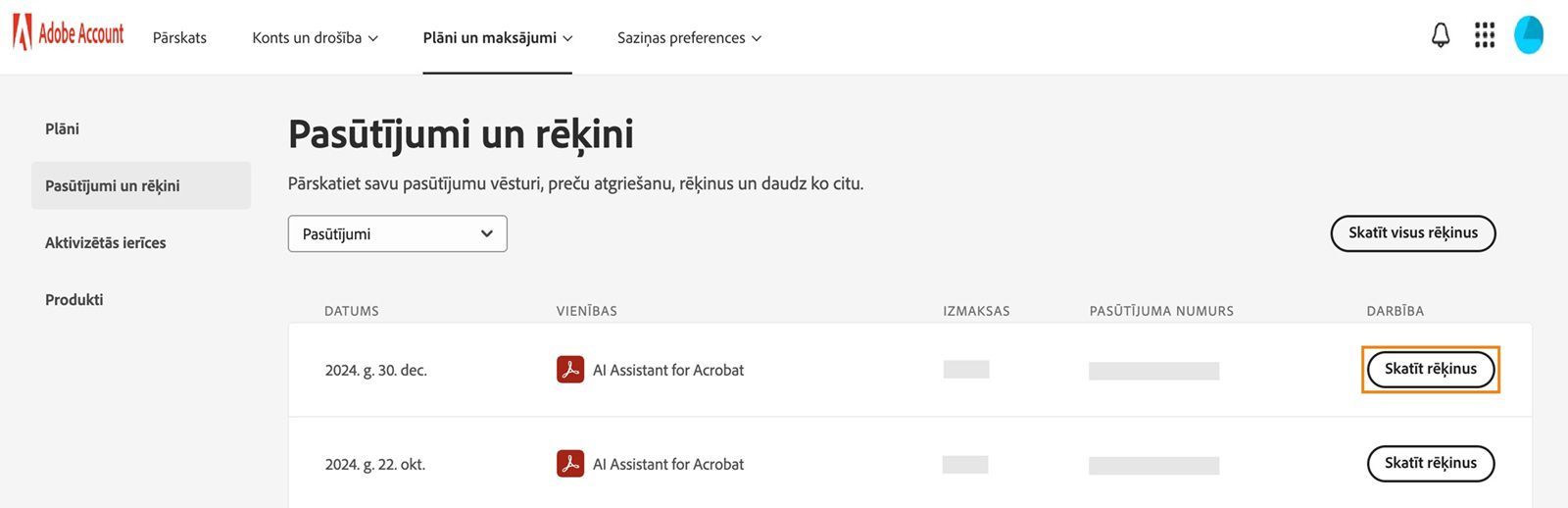 Logs Pasūtījumi un rēķini, kurā ir uzskaitīti visi pasūtījumi un atrodas izceltā poga Skatīt rēķinus.
