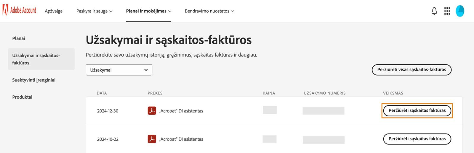 Užsakymų ir sąskaitų faktūrų langas, kuriame išvardyti visi užsakymai šalia paryškinto mygtuko „Peržiūrėti sąskaitas faktūras“.