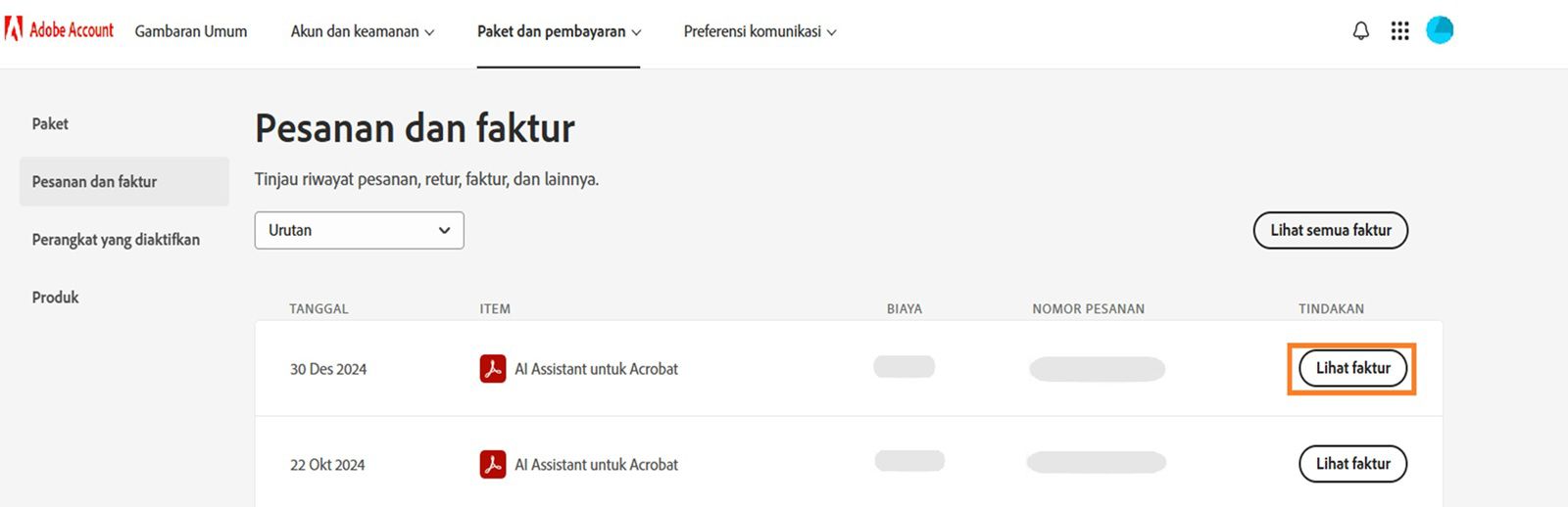 Jendela Pesanan dan faktur, tempat semua pesanan tercantum bersama tombol Lihat faktur yang disorot.
