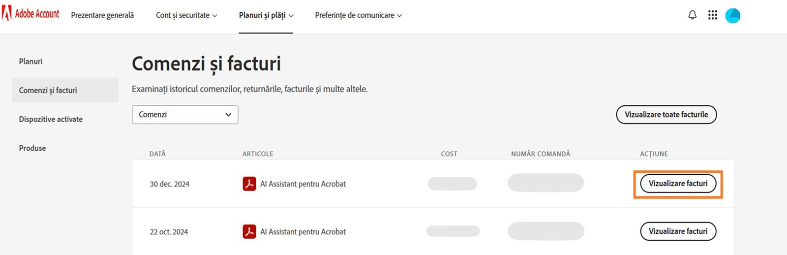 Fereastra Comenzi și facturi, unde toate comenzile sunt listate alături de butonul evidențiat Vizualizare facturi.