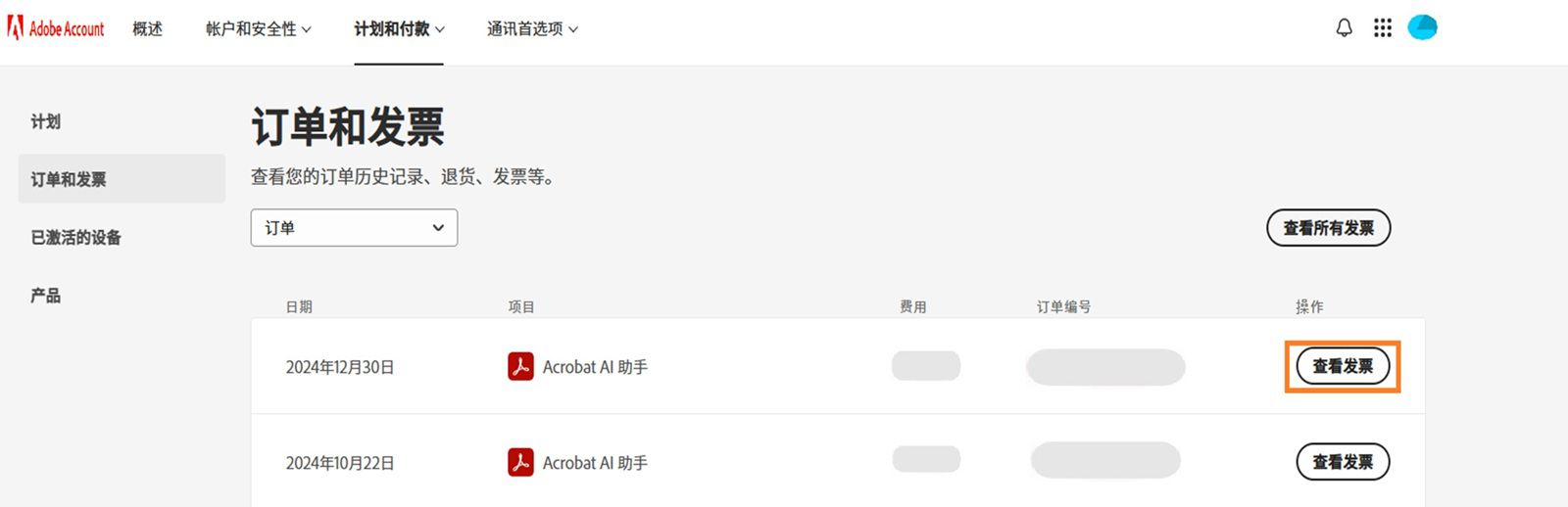订单和发票窗口，其中列出了所有订单以及突出显示的"查看发票"按钮。