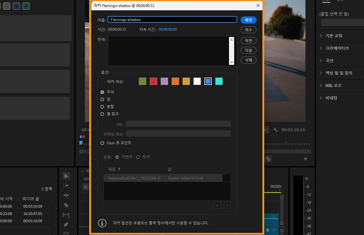 마커 정보를 보여주는 Premiere Pro 마커 창.
