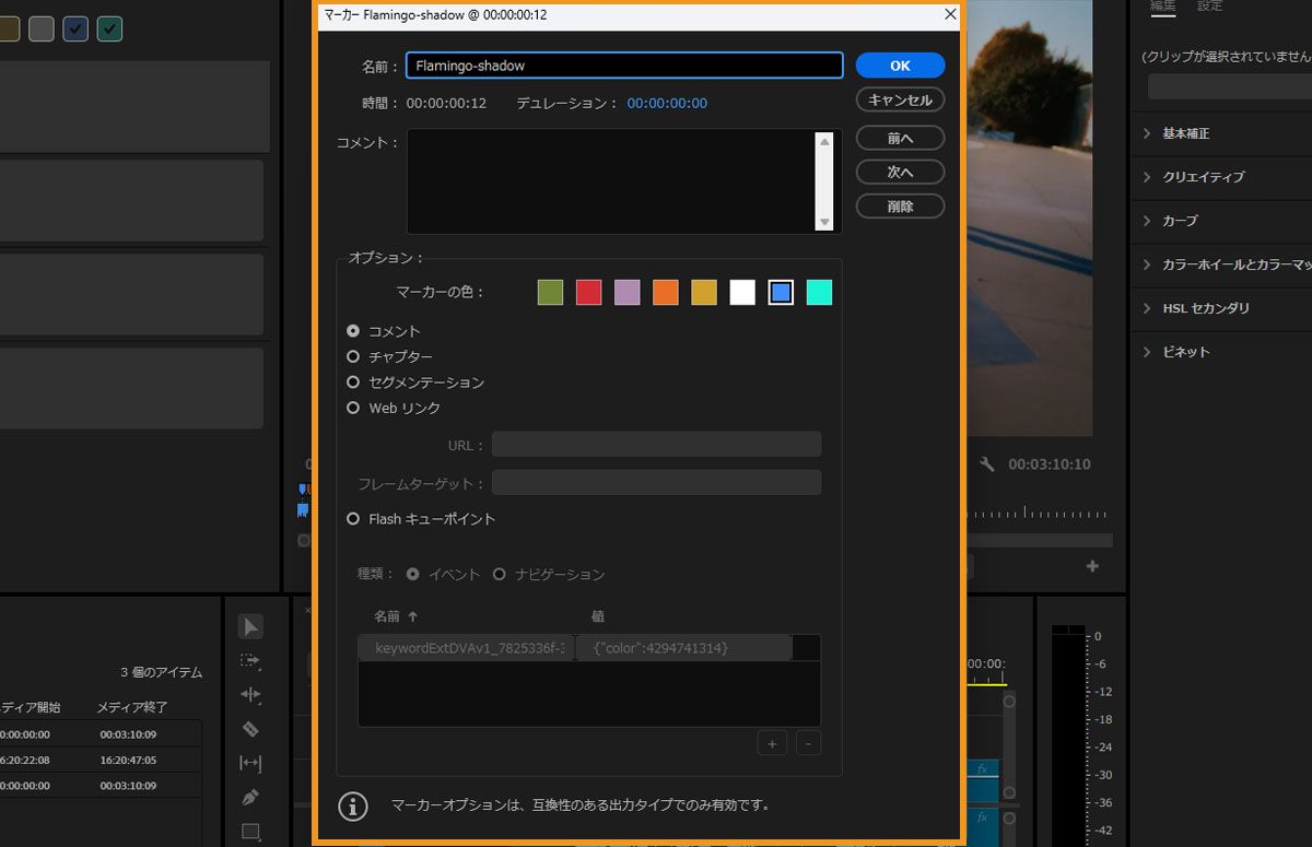 マーカー情報を表示する Premiere Pro のマーカーウィンドウ。
