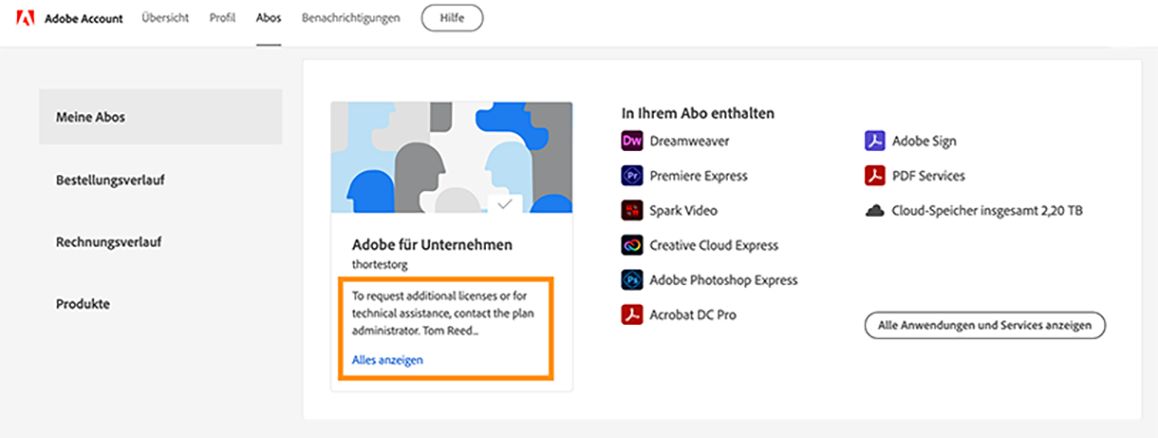 Kontenseite mit den Notizen Ihres Administrators