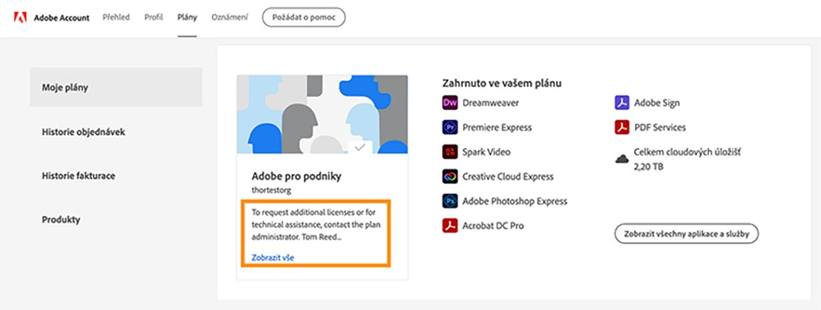 Stránka účtů se zvýrazněnými poznámkami od vašeho správce