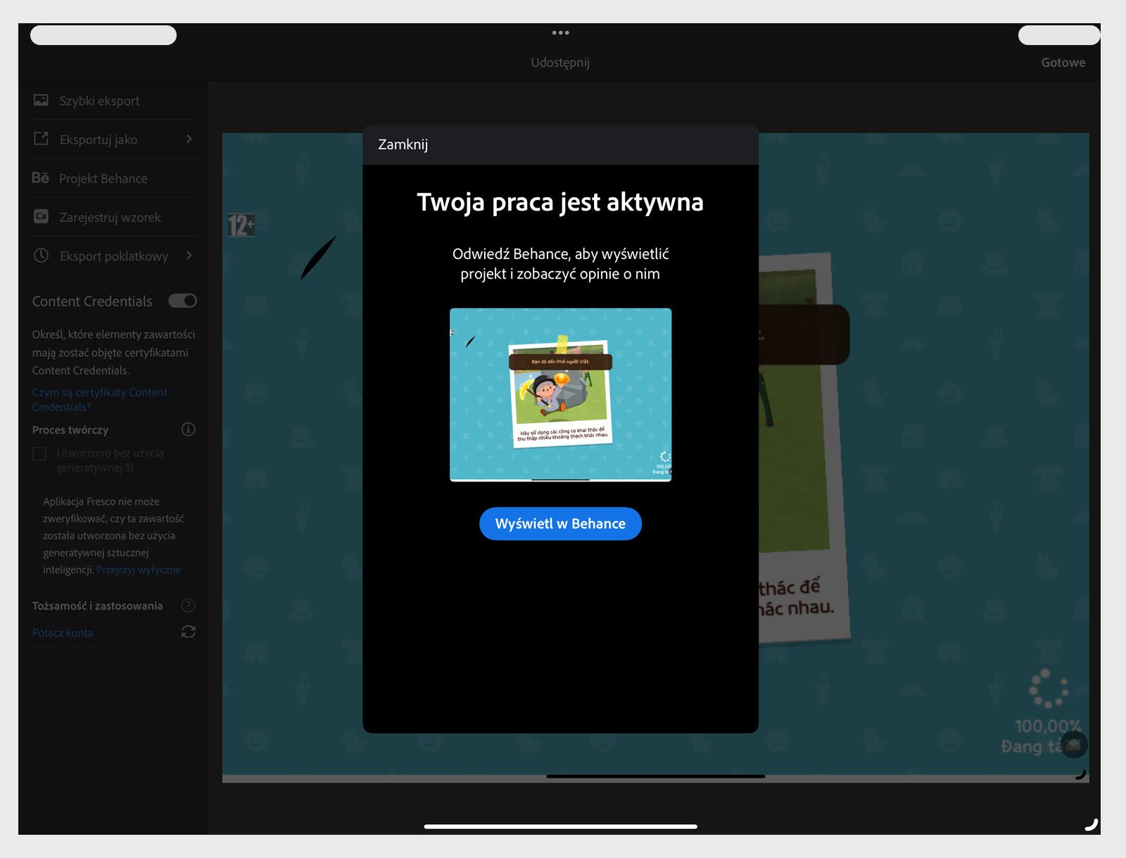 Komunikat potwierdzający, że praca jest dostępna online z podglądem grafiki i przyciskiem Wyświetl w serwisie Behance.