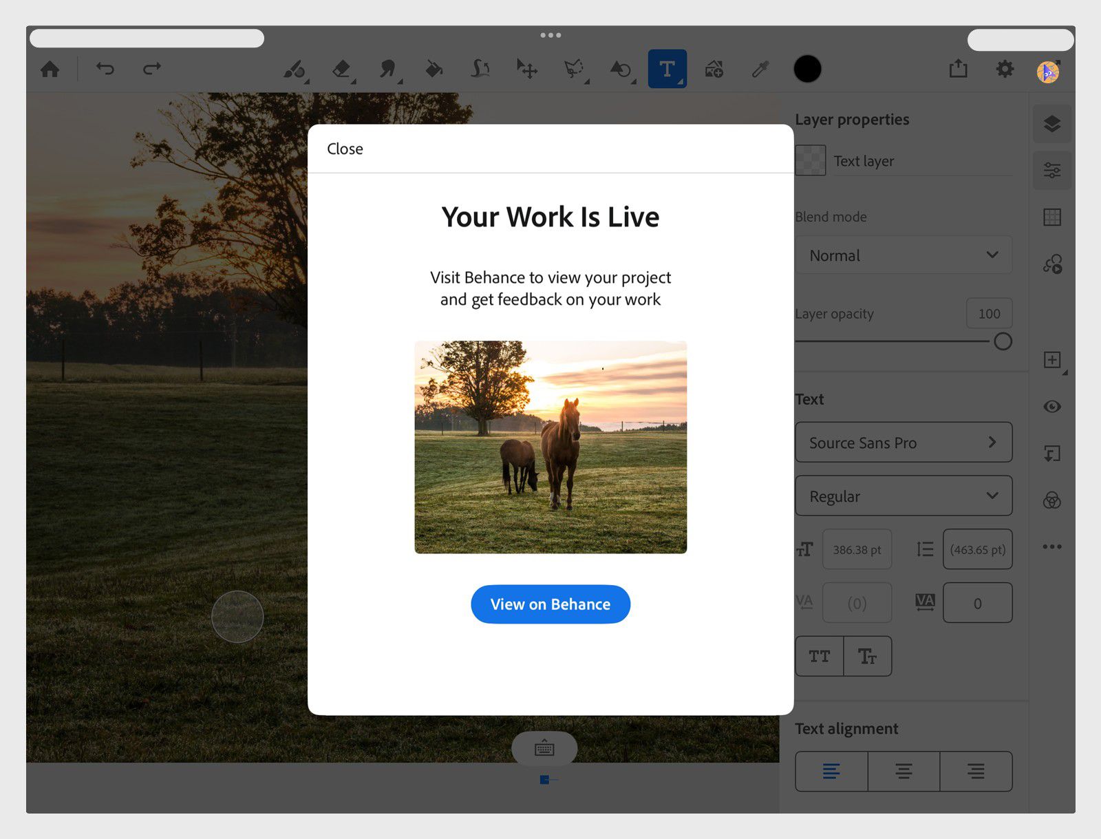 Confirmation message showing that your work is live with artwork preview and a View on Behance button.