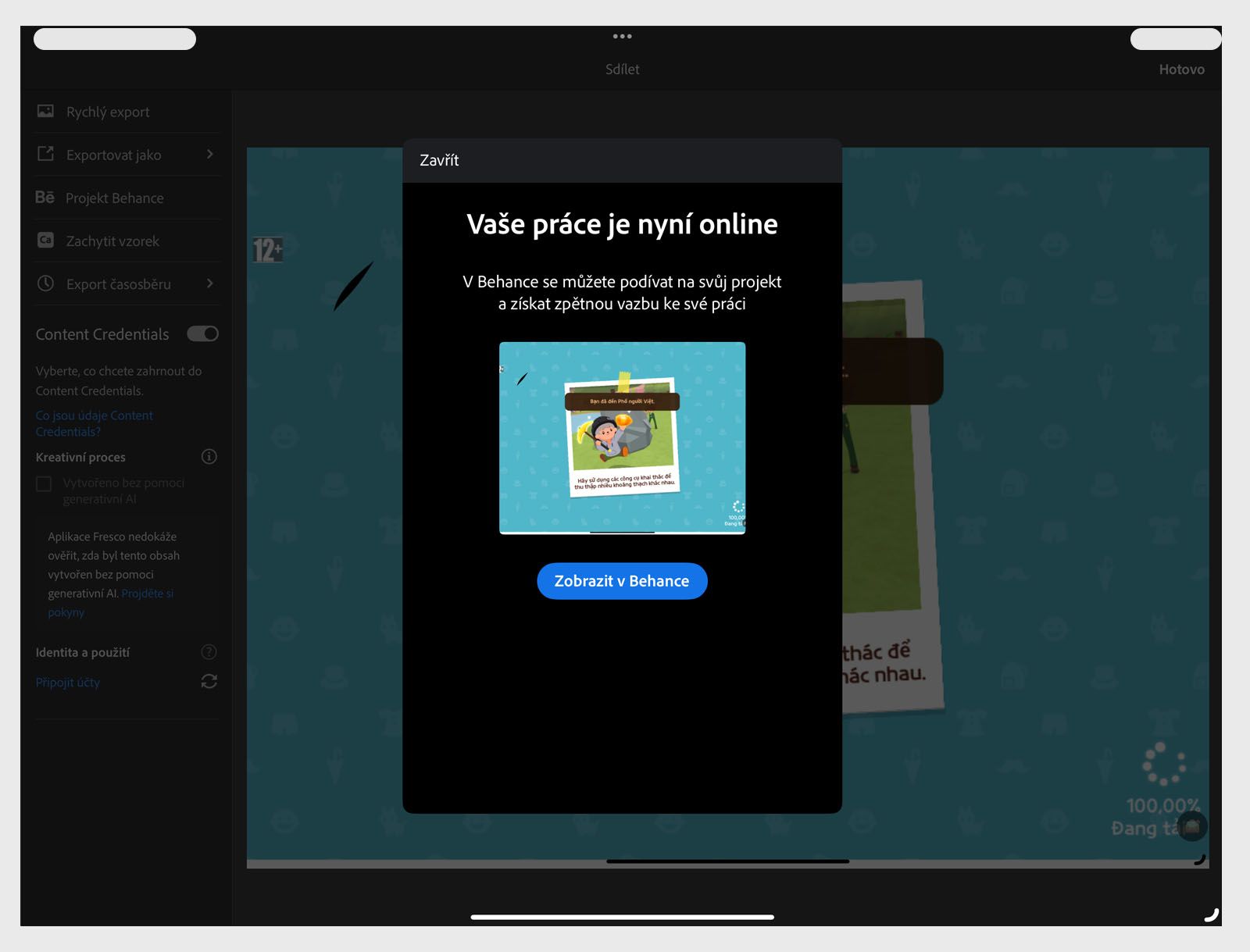 Potvrzovací zpráva zobrazující, že vaše práce je živá s náhledem uměleckého díla a tlačítkem Zobrazit na Behance.