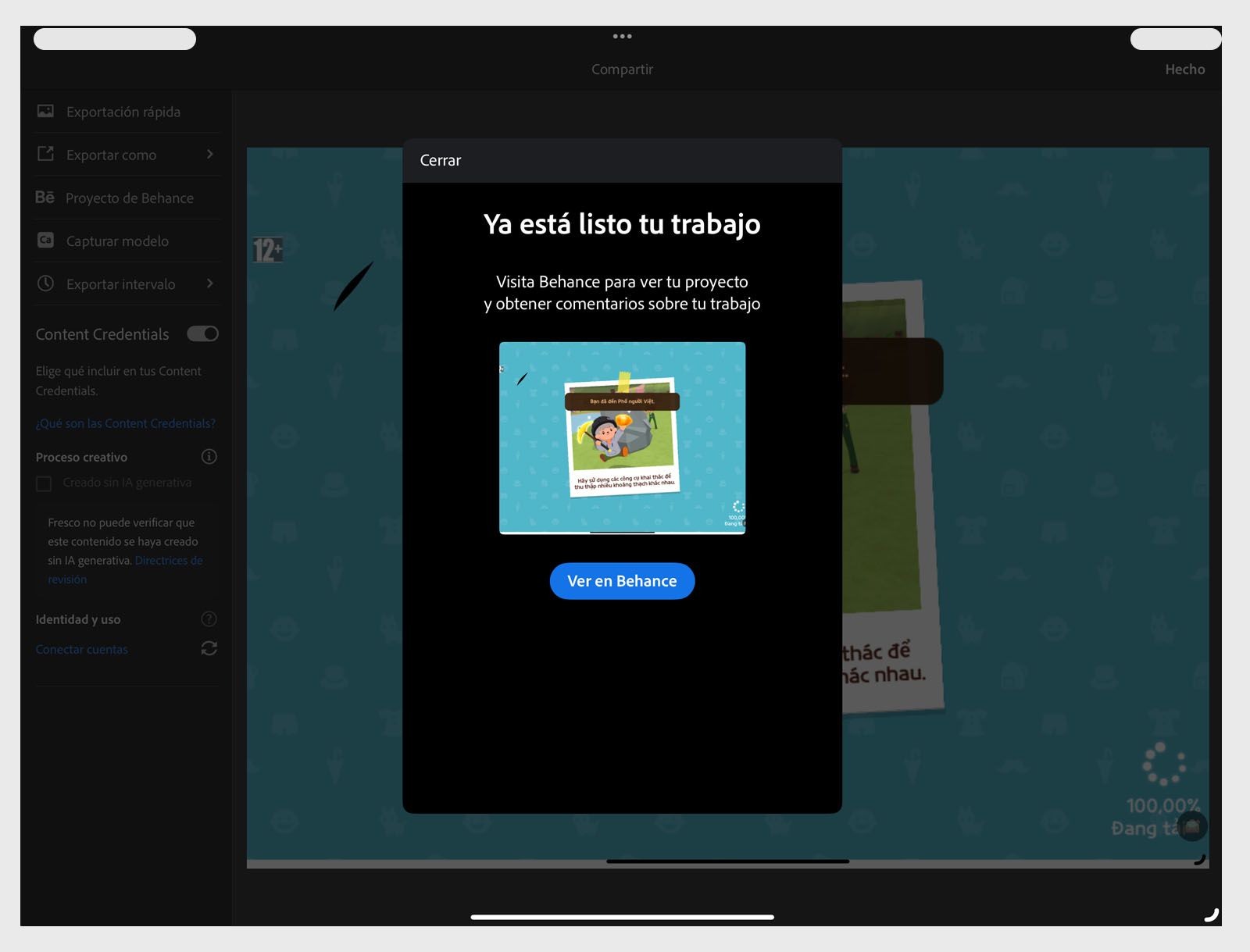 Mensaje de confirmación que muestra que su trabajo está publicado con vista previa de la ilustración y un botón Ver en Behance.