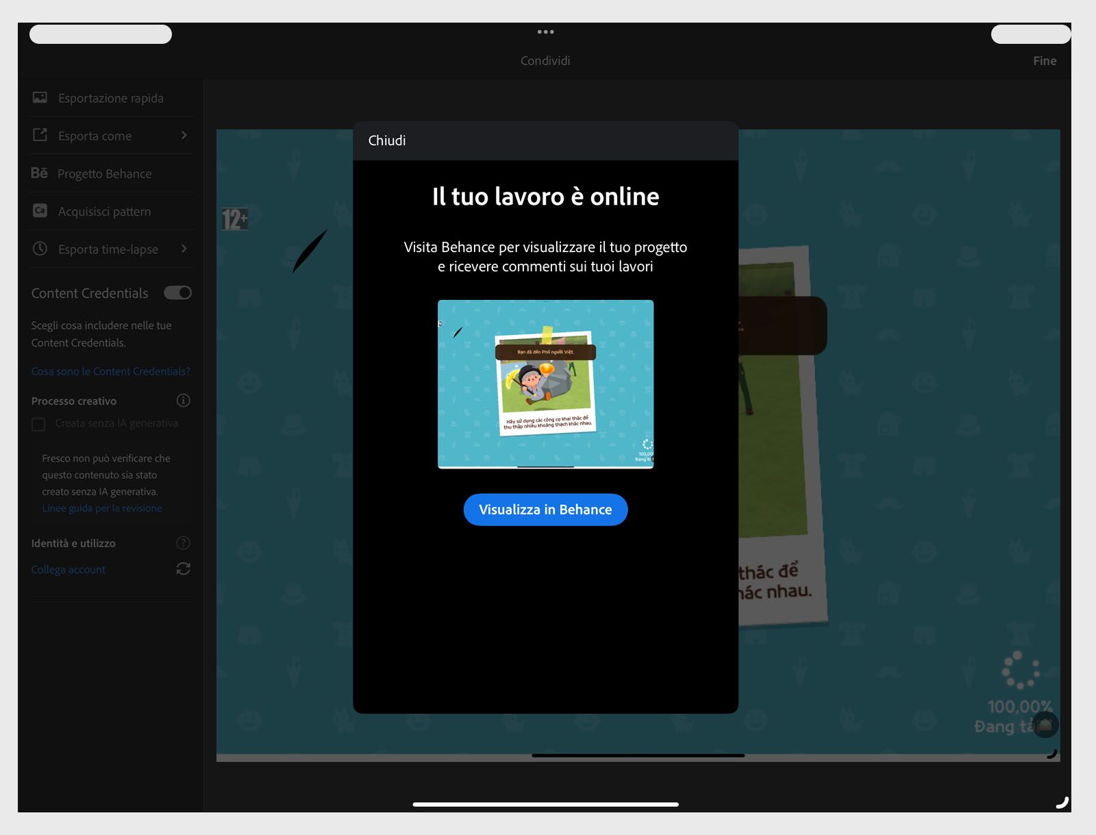 Messaggio di conferma che mostra che il tuo lavoro è online con l'anteprima dell'opera e un pulsante Visualizza su Behance.
